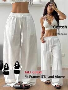 SHEIN Tall CURVE 大码女式休闲舒适纯色抽绳裤 - 白色 - 查看 1