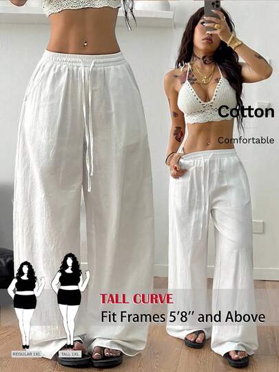 SHEIN Tall CURVE Pantalones informales y cómodos de unicolor con cordón para mujer talla grande