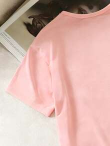 Tween Girls Casual Chic Sweet Minimalist "67" & "SIX SEVEN" Print Short Sleeve Round Neck T-Shirt, Summer Tops, Pink - Pink - View 6