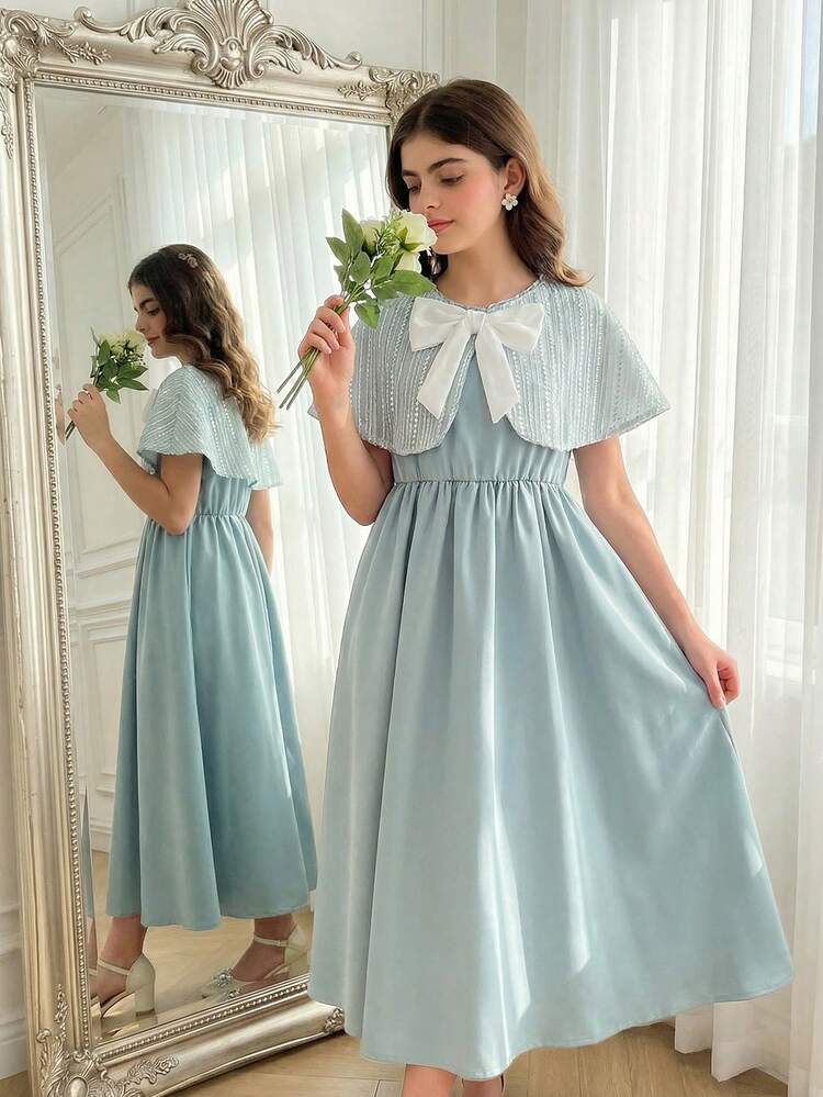 SHEIN 1件女童优雅灰绿色缎面连衣裙，带披肩袖，圆领中长款连衣裙，饰有亮片条纹刺绣，腰部收紧修身剪裁，适合春秋季正式场合、宴会、约会等。 - 綠色 - 查看 4