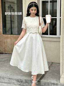 SHEIN 少女杏色蕾丝拼接短袖缎面优雅迷人派对礼服 - 杏色 - 查看 3