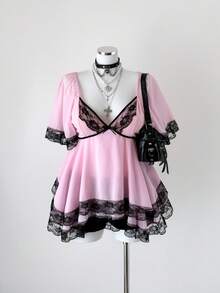 Sunspun 新款优雅甜美外出上衣，雪纺面料，撞色蕾丝饰边配蝴蝶结，超大荷叶边袖子，收腰修身衬衫 - 粉色 - 查看 4