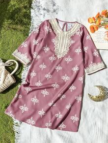 SHEIN 女童紫色碎花长袖连衣裙，时尚荷叶边设计，适合日常穿着，春秋季 - 紫色 - 查看 4