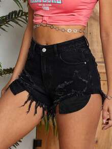 SHEIN Essnce Women's Casual Everyday Denim Shorts With Pockets And Button Closure - Black - View 5