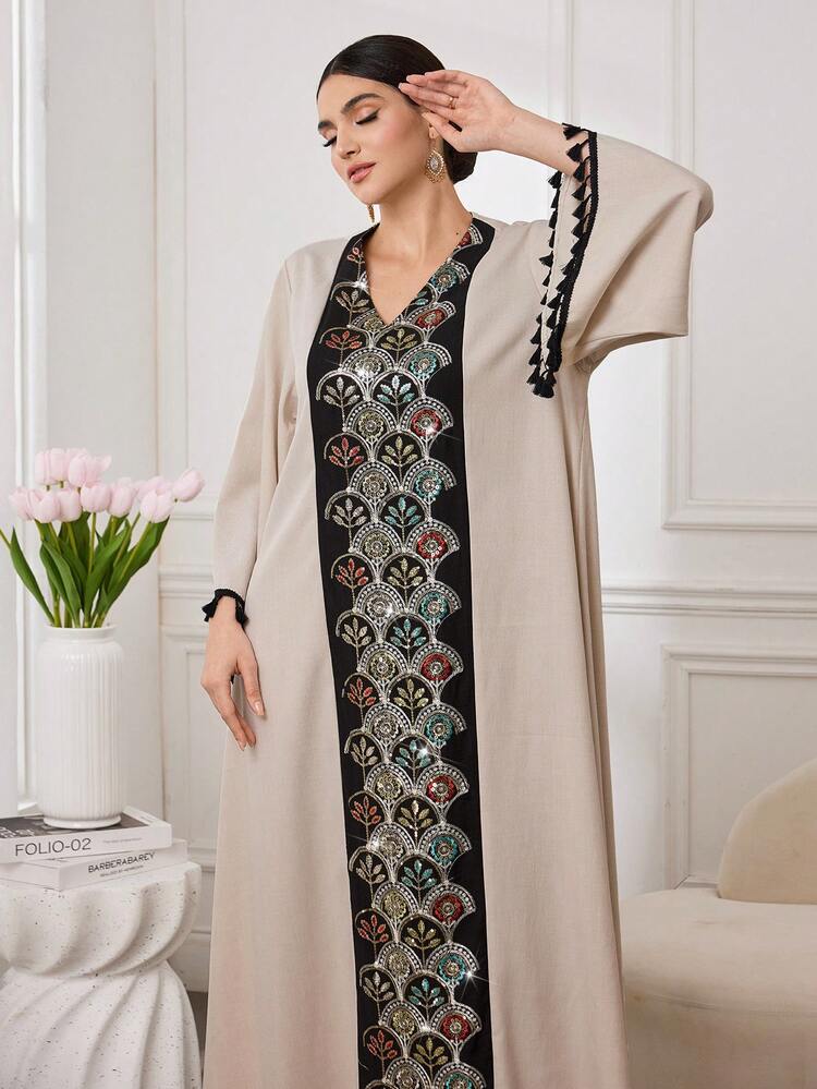 Al Najma Women's Retro Sequin Embroidery Tassel Sleeve V-Neck Maxi Arabic Robe - Multicolor - View 5