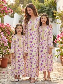SHEIN Baby Purple Autumn Traditional Wedding Girls Floral Embroidered Bowknot V-Neck Long Sleeve Maxi Dress,Kids Prayer Abaya,Modest Kaftan Jalabiya,Lilac - Purple - View 2