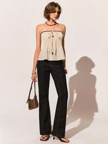 Poéselle Women's Casual Vacation Style Everyday Commute Contrast Trim Knot Front Pleated Camisole,Bow Tie Woven Camisole Top For Women, Spaghetti Strap Pleated Summer Shirt, Lightweight Casual Cami With Contrast Trim,Summer Top,French-Style  Top - Apricot - View 6