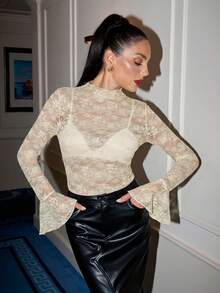 Lavishia Women's Floral Lace Collar Flare Sleeve Sheer Sexy Blouse - Apricot - View 5