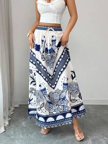 SHEIN Elenzya Falda holgada de línea A con cintura de cordón, estampado de porcelana azul y blanco, estilo de vacaciones - Azul y blanco - Ver 7