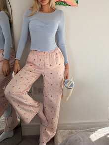 DAZY Ruched Fitted Top & Bow Print Full Pajama Pants Women Sleepwear Set - Blue - View 3