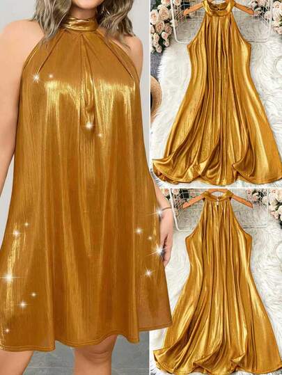 EMERY ROSE 大码时尚金色吊带连衣裙，夏季