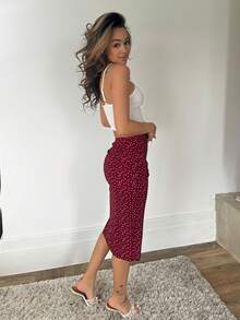 RebeccaVibe 2 件套女士酒红色针织纹理吊带背心上衣和酒红色心形印花抽绳开衩裙，度假装 - 彩色 - 查看 4