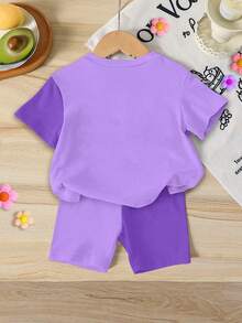 2pcs Young Girls Casual Fashion Korean K-POP Cartoon Girl Pattern Short Sleeve Round Neck T-Shirt And Shorts Set, Purple Contrast Color T-Shirt Set, Comfortable Outfit For Daily, Festival, Spring/Summer - Multicolor - View 2