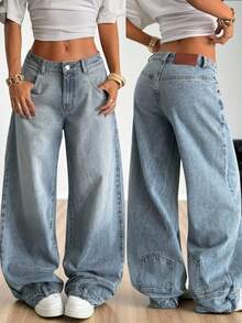 SHEIN EZwear 女士口袋宽松阔腿休闲百搭牛仔裤 - 淺色水洗藍 - 查看 9