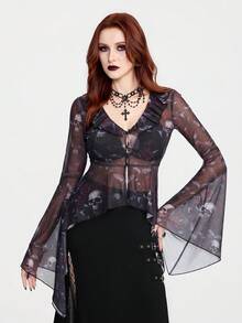 Women's Gothic Style Sexy Mesh Rose Skull Print Patchwork Frill Trim Asymmetrical Hem Button Up Cropped Cardigan Top Gothic Summer Clothes Witchy Top Sheer Black Top Gothic Women Clothes Gothic Top Gothic Blouse Sheer Tops For Women Gothic Clothing For Women Blouses For Women - Black - View 6