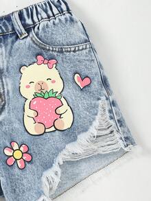 SHEIN Sparklyn 少女款重度水洗卡通拼接印花做旧休闲牛仔短裤 - 淺色水洗藍 - 查看 6