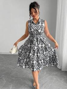 Elenzga 大码女式植物印花单排扣休闲无袖衬衫裙 - 彩色 - 查看 4