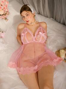 DelicateAllure Áo ngủ không tay cỡ lớn với viền xếp ly, nơ và thiết kế khoét hở, lãng mạn và quyến rũ. - Hồng - Xem 1