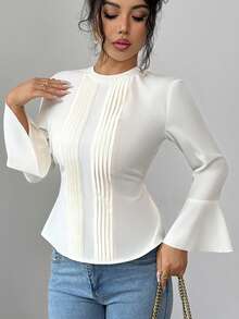 SHEIN Elenzya Women's Pleated Blouse, Elegant Fitted Long Sleeve Shirt, Round Neck - Apricot - View 6