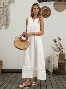 Breezaya 新款女士优雅性感连衣裙，适合办公室、度假、海滩、通勤、浪漫约会、宴会、派对、生日派对、音乐会、情人节和嘉年华等场合。女士春夏新款V领无袖宽松长款竹麻白色连衣裙，饰有流苏。女士度假连衣裙、优雅女士套装、沙滩连衣裙、长款连衣裙、女士连衣裙、婚礼宾客连衣裙、长款婚礼宾客连衣裙、白色。 - 白色 - 查看 4