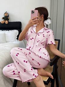 Dream Adore Striped Heart Print Romantic Casual Pajama Set - Purple - View 6