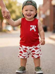 SHEIN 一套男婴恐龙印花背心（带假口袋设计）和恐龙印花短裤，时尚可爱，适合夏季外出穿着 - 彩色 - 查看 1