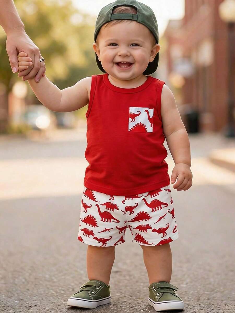 SHEIN 一套男婴恐龙印花背心（带假口袋设计）和恐龙印花短裤，时尚可爱，适合夏季外出穿着 - 彩色 - 查看 1