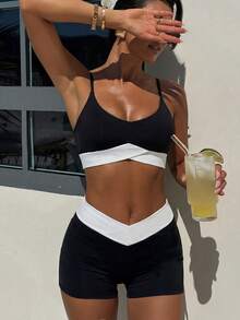 Swim SPRTY 女士纯色撞色比基尼泳衣套装，沙滩度假 - 黑與白 - 查看 5