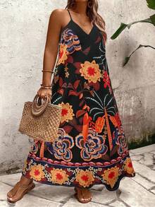Linhara CURVE 大码女式黑色花卉植物印花宽松吊带长裙，百搭休闲、通勤、时尚、优雅、甜美、约会、法式街头风、复古风、海滩风、夏季 - 黑色 - 查看 5