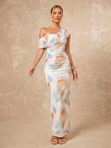 Lumalex 简约复古风闪亮假日派对装扮，适合锐舞节、郊游、游泳度假、波西米亚风、户外婚礼、宴会、成人礼、海滩、海滨、复活节、波西米亚风海滩户外婚礼派对、成人礼、返校派对、宰牲节派对、浪漫情人节约会。优雅扎染渐变网纱单肩褶皱装饰修身紧身长裙，性感扭结褶皱开衩设计无袖修身长裙，春夏单肩连衣裙、单袖连衣裙、新年连衣裙、宰牲节派对连衣裙、酒红色连衣裙、垂褶连衣裙、优雅女士连衣裙、舞会礼服、商务休闲女装，春夏复古风，适合夏季派对和宴会。 - 彩色 - 查看 5