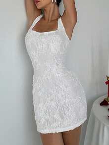 Aloruh Váy ren mini bó sát lãng mạn 3D họa tiết hoa màu trắng cho nữ, dự tiệc cưới, mùa xuân/hè - trắng - Xem 6