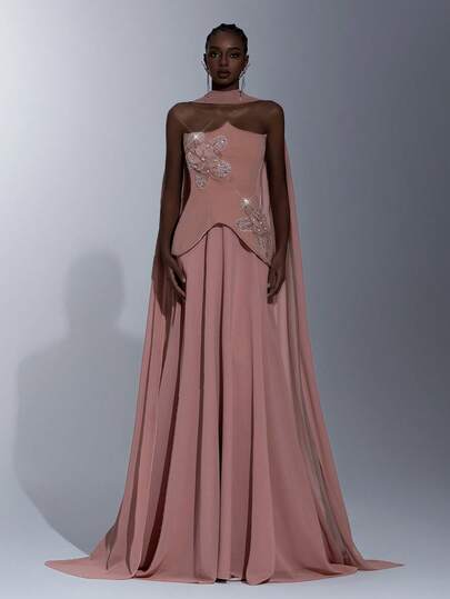 Elitara Elegant Lotus Root Pink Asymmetrical Handmade 3D Applique Beaded Hem Chiffon A-Line Maxi Dress (Detachable Halter), Suitable For Dates, Vacations, Singles Parties, Weddings, Formal Events