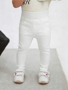 SHEIN Baby Girls' Solid Color Casual Everyday Minimalist Design Jeans - White - View 5