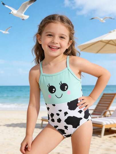 2pcs/Set Cute Cartoon Smiling Face Cow Print Elastic Quick Dry Comfortable Knit Fabric Girls (Small) Swimsuit Set, Suitable For Beach, Pool, Seaside, Surfing, Vacation, Summer, Travel Cow Print Swimsuits For Kids Girls Summer Outfit Kid Bathing Suit Two Piece Set Teens Swim Suit Cute Swimsuits For Kids Swimsuit For Kids With Skirt