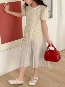 DAZY Tween Girl Pleated Round Neck Front Button Elegant Short Sleeve Dress Spring - Apricot - View 5