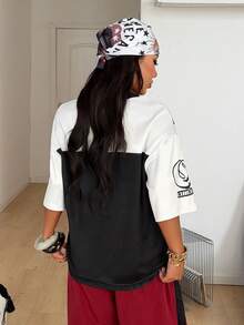 Coolane 女士夏季街头风外出休闲运动印花透气网眼宽松针织T恤 - 黑與白 - 查看 6