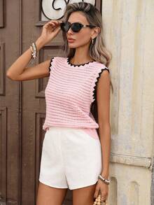 Breezaya Damtopp med öppen, texturerad stickning och kontrastfärgad krage och fållkant - Rosa - Visa 5