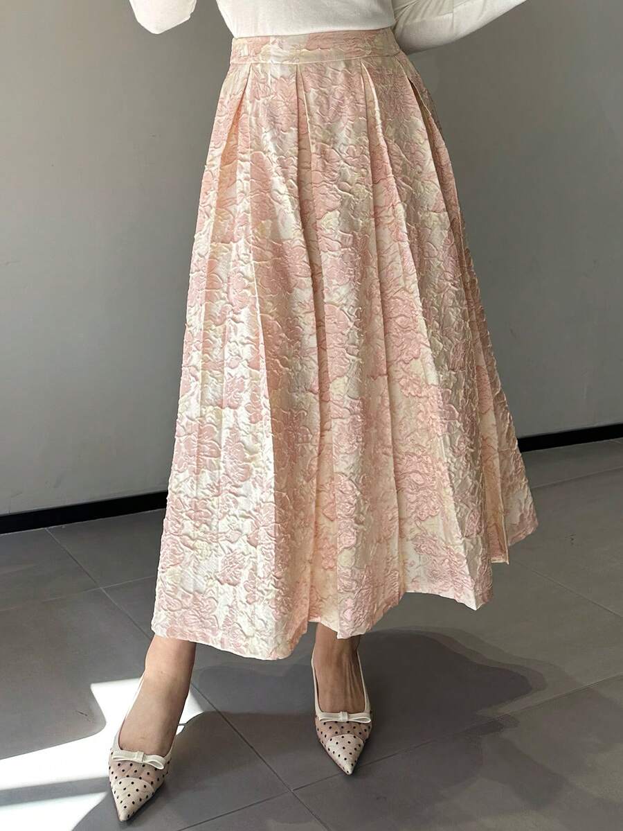 Dazy Plus Elastic Waist A-Line Loose Party Dress, Elegant Mid-Length Skirt, Pink, Spring/Summer