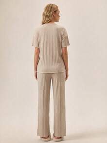 Loomlin 100%Cotton 2Pcs/Women's Button Details And Lettuce Trim Detail Homewear Lounge Set - Beige - View 2