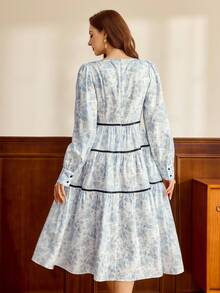 Vintamour Vintage Classic Elegant Women's Dress, Contrast Color Trim Bow Dress, Floral Print Dress, Long Sleeve Dress, Blue & White Flower Dress, Flared Hem Dress Cottagecore Dress French Style Dress Victorian Vintage Style Dress Lolita Dress Spring Outfit Women Spring Dress For Women Valentine's Day Outfit Party Dress Wedding Guest Dress For Women - Blue and White - View 2