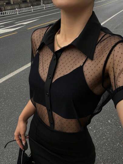 DAZY Casual Business Sheer Mesh Fitted Chiffon Blouse, Minimalist Short Sleeve Women Shirt