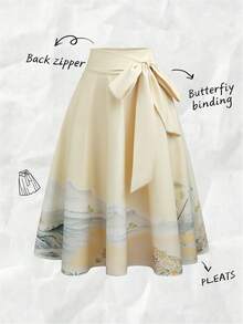 Olithes Women's High Waist Elegant Fashion Versatile Draping High-End Chinese Style Landscape Painting Print Tie Waist Skirt - Khaki - View 1