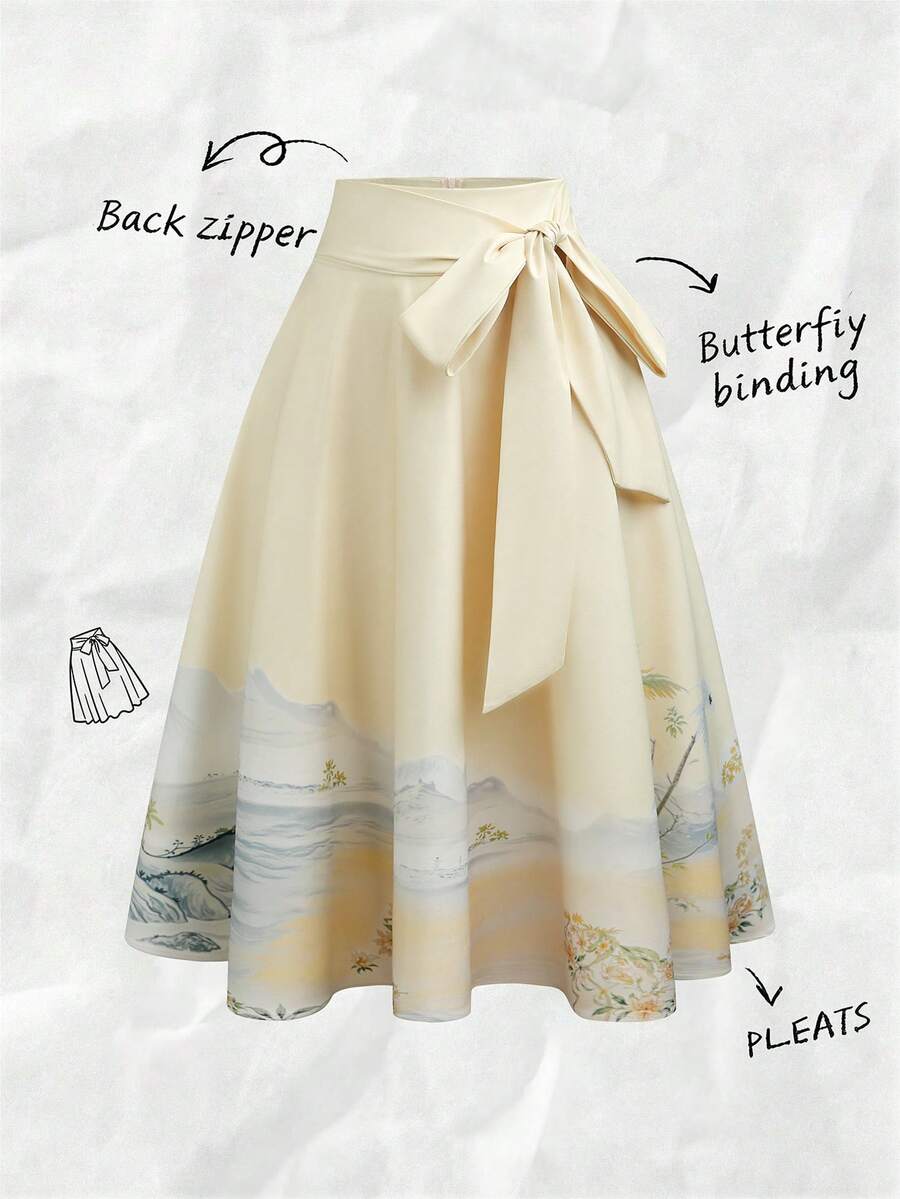 Olithes Women's High Waist Elegant Fashion Versatile Draping High-End Chinese Style Landscape Painting Print Tie Waist Skirt - Khaki - View 1