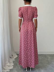 Modelyn Đầm hoa thanh lịch dành cho nữ, màu đen dệt họa tiết nơ, phối ren tương phản, tay ngắn, dáng chữ A, xếp ly, có thắt lưng. - Hồng - Xem 2