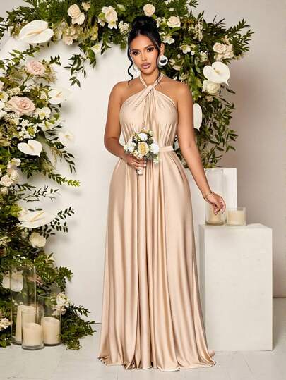 SOLERSUN Women's Elegant Apricot Satin Ruched Halter With Belt Maxi Dress,Ruched Flowy Backless Evening Gown For Formal Party Prom Wedding Guest