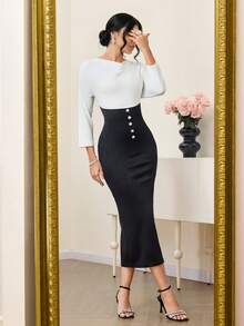 Modelyn 女士优雅撞色纽扣装饰七分袖中长连衣裙 - 黑與白 - 查看 4