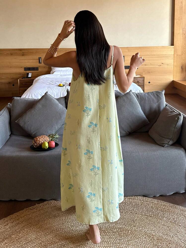 Floral Print Trim Patchwork Camisole Nightgown For Women