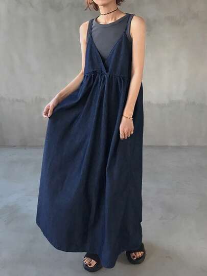 FRIFUL 女士纯色休闲百搭宽松牛仔吊带裙