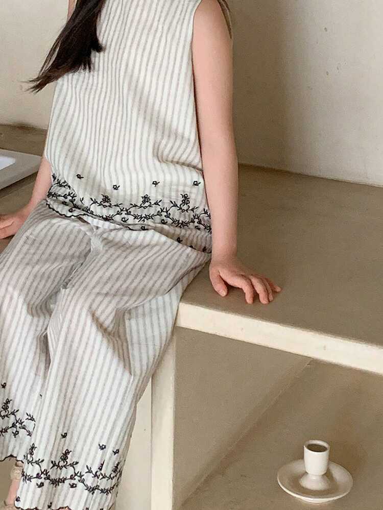 2pcs Young Girls Striped Sleeveless Shirt And Wide Leg Pants Set, Fall Outfit Summer