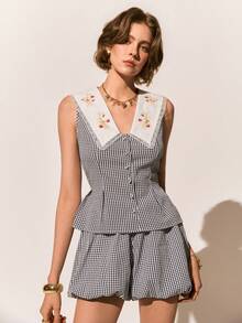 Poéselle 女士樱桃刺绣撞色蕾丝翻领无袖格子纽扣上衣 - 彩色 - 查看 7